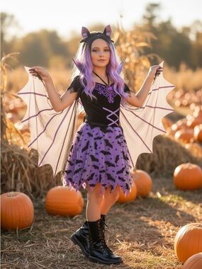 Kids Purple Bat Wing Halloween Costume Dress with Headband